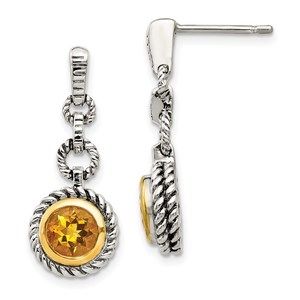 925 SS Gold-plated Antiqued Citrine Post Dangle Earrings 23 x 10 mm